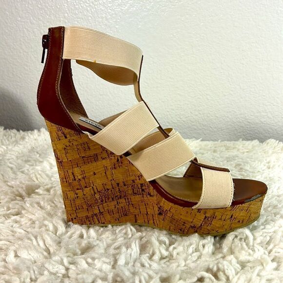Steve Madden Selinah Cork Wedge Heels Open Toe Elastic Straps Beige Size 7.5 - Picture 6 of 11